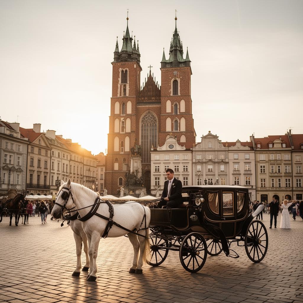 St Mary's Basilica and a horse carriage on Kraków's main square