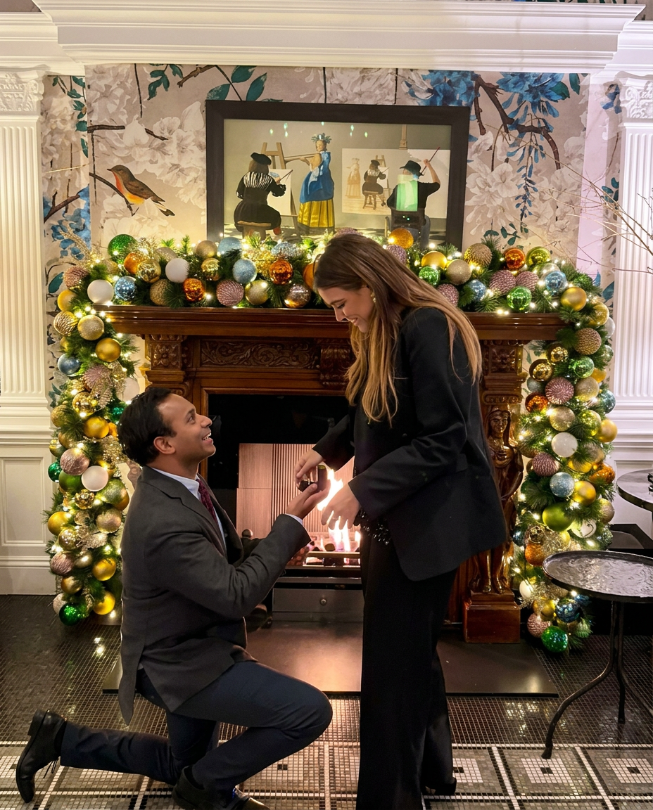 Daniel proposing to Katarina at Browns Hotel, London